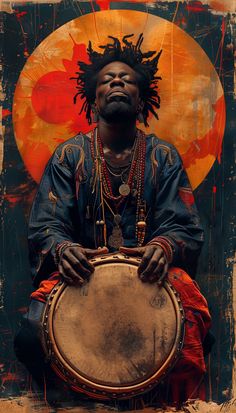 a man with dreadlocks holding a drum in front of an orange and yellow background