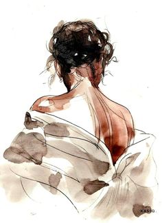 a drawing of a woman in a white dress with her back turned to the camera