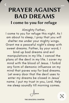 a prayer card with the words prayer against bad dreams, i come to you for refuge