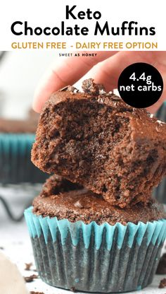 chocolate muffins with text overlay that reads keto chocolate muffins gluten free dairy free option