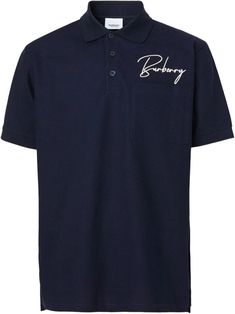 Experience luxury and style with the Burberry Signature Pique Cotton Polo Shirt. Made from midnight blue or black cotton and in a piqué weave, this oversized polo shirt features an embroidered logo on the chest and a classic polo collar. The front button placket, short sleeves, chest patch pocket, and side slits add practicality, while the high-low hem adds a touch of elegance. Elevate your wardrobe with this iconic piece. Burberry Script Signature Embroidery in Contrasting White 100% Pique Cott Oversized Polo Shirt, Oversized Polo, Embroidered Polo Shirts, Cotton Polo Shirt, Cotton Polo, Polo Collar, Signature Logo, High Low Hem, Mens Shirt Dress