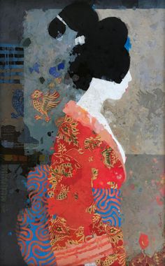 an abstract painting of a woman wearing a red dress and holding a bird in her hand