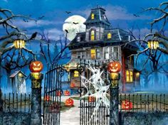 a painting of a house decorated for halloween