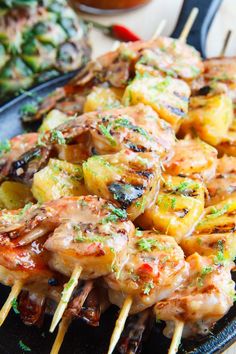 grilled shrimp and pineapple kabobs on skewers