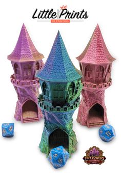 Set of three Fae Villa Dice Towers designed by FatesEnd. These tiny towers stand as exquisite pieces, radiating magic. Adorned beside 3 vibrant blue gaming dice, the contrast against the pure white backdrop enhances their allure. Elevate your gaming with these enchanting dice towers that not only ensure precise rolls but also add a touch of elegance to your tabletop adventures. The Fae, Tower Stand, Mystical World, Game Item, Intricate Design