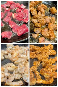 four pictures showing different types of food being cooked