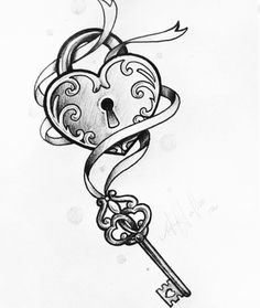 a drawing of a key with a heart shaped lock attached to it's side