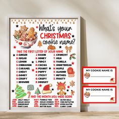 a christmas cookie name poster next to a red and white sign