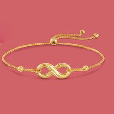 Ross-Simons - 14kt Yellow Gold Infinity Symbol Bolo Bracelet. Friendship or love, it's forever. This charming infinity symbol bolo bracelet shines in polished 14kt yellow gold. 5mm bead sliding mechanism adjusts to fit up to 7.5" wrists. 3mm beads dangle from the ends. 3/8" wide. 14kt yellow gold infinity symbol bolo bracelet. Sliding Mechanism, Circle Charm Necklace, Triple Hoop Earrings, Twisted Bangle, Bolo Bracelet, Yellow Gold Bangle, Knot Studs, Gold Rope Chains, Bracelet Friendship