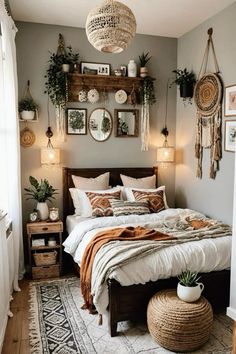 a bed sitting in a bedroom next to a wooden shelf filled with potted plants