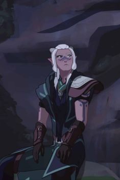 an animated character with white hair and blue eyes standing in front of a rock formation