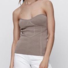 New Without Tags! Strapless Fitted Tube Top For Fall, Chic Bandeau Top For Fall, Fall Fitted Bandeau Tube Top, Fall Bandeau Tube Top, Fitted Bandeau Tube Top For Fall, Trendy Fitted Tube Top For Fall, Taupe Fitted Sleeveless Top, Chic Sleeveless Tube Top For Fall, Trendy Fitted Taupe Tops