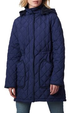 Look forward to the cooler seasons in this diamond-quilted puffer coat boasting lightweight insulation and a roomy removable hood lined with high-pile fleece. 34" length (size medium) Front zip closure with snap storm placket Stand collar; removable drawcord-toggle hood Front patch pockets Internal drawcord waist Lined, with synthetic fill; 100% polyester hood lining 100% recycled polyester Dry clean Imported Winter Diamond Quilted Outerwear For Outdoor, Winter Outdoor Diamond Quilted Outerwear, Diamond Quilted Outerwear For Outdoor Winter, Diamond Quilted Outerwear For Winter Outdoor Activities, Solid Quilted Jacket For Cold Weather, Quilted Jacket For Cold Weather, Quilted Long Sleeve Parka For Cold Weather, Quilted Parka For Cold Weather, Solid Color Hooded Quilted Jacket