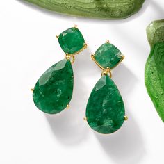 Ross-Simons - 19.20 ct. t. w. Emerald Drop Earrings in 18kt Gold Over Sterling. This alluring pair of 19.20 ct. t. w. emerald drop earrings is inspired by the days of Old Hollywood movie stars. But you don't need to have a celebrity's salary to afford our square cushion-cut and teardrop-shaped pair. Set in 18kt yellow gold over sterling silver, they are priced to make you smile for your close-up! Hanging length is 1". Post/clutch, emerald drop earrings. Emerald birthstones are the perfect gift f Emerald Drop Earrings, Emerald Eternity Band, Old Hollywood Movie, Emerald Earrings Drop, Emerald Necklace Pendant, Opal Drop Earrings, Emerald Birthstone, Emerald Bracelet, Hollywood Movie