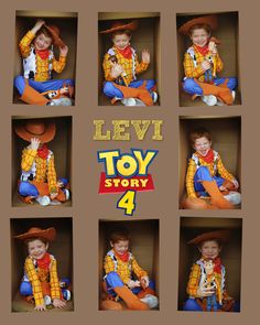 a collage of photos with a boy dressed as a toy story 4 character in it