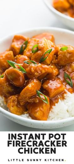 the instant pot firecracker chicken is served over rice