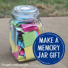 a jar filled with lots of colorful sticky notes and a tag that says make a memory jar gift