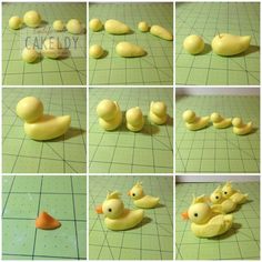 there are several pictures of yellow rubber ducks on the floor and one is laying down