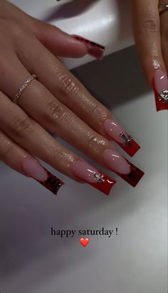 Red Nail Acrylic Ideas, Fuerza Regida Nail Ideas, Nails Acrylic Edgy, Red Set Nails, Nail Inspo 2024 Square, White And Red Nails Acrylic, Junior H Nails, Nail Inspo Square Long, Red And Black Nails Ideas