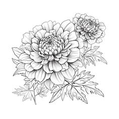 black and white drawing of two flowers on a white background, with leaves in the foreground