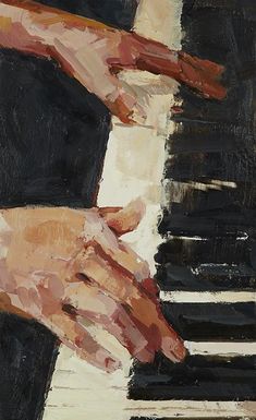 a painting of someone's hands playing on a piano with black and white keys