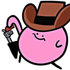 a pink ball with a cowboy hat on it's head holding a garden tool