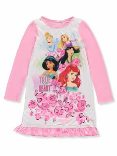 She'll love getting ready for bed to be with all her favorite Disney Princesses. Features vivid and colorful screen art against a colorful pastel and floral background. Satin pink trim on the crew neck style collar. A pretty gathered hemline. Of a silky 100% polyester fabric.   Paypal Payments Accepted.   All purchases are mailed out within 2 business days of receipt of payment. Toddler Girl Dresses Winter, Girls Skorts, Princess Nightgowns, Deer Dress, Pink Heart Dress, Snowflake Dress, Girls Winter Dresses, Tutu Party, Girls Nightgown