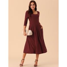 Seta T Women's 3/4 Sleeve Crewneck Pleated A Line Dresses Swing Casual Maxi Dress with Pockets. Fashion Style: Round Neck, 3/4 Sleeve, Pleated Dress, Two Pockets, Casual A-Line Maxi Dress. This dress will flatter any body shape, making it a timeless addition to any wardrobe. Casual midi dress is perfect for casual, daily, vacation, beach, holiday, wedding, office, family gathering, etc. The fabric is thick enough that it is not see-through at all. The casual a line maxi dress is all things sweet Solid Color Dresses With 3/4 Sleeve For Fall, Fall Dresses With 3/4 Sleeves In Solid Color, Solid Fall Dresses With 3/4 Sleeve, Solid Color Fall Dress With 3/4 Sleeves, Red 3/4 Sleeve Midi Dress For Fall, Red Midi Dress With 3/4 Sleeves For Fall, Solid Color 3/4 Length Fall Dress, Fall Solid 3/4 Length Dresses, Fall Solid Color 3/4 Length Dresses