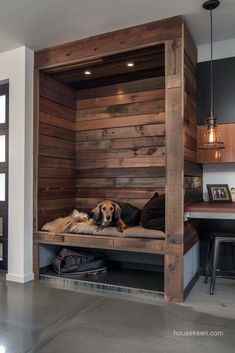 a dog laying on top of a bed in a room with wood paneled walls