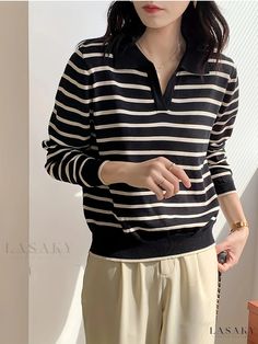 Lasaky - Womens Long Sleeve Striped V-Neck Pullover Sweater Ideal for Spring and Fall Casual Wear Casual Striped Long Sleeve V-neck Sweater, Casual Striped V-neck Sweater With Long Sleeves, Striped V-neck Winter Sweater, Striped V-neck Sweater For Winter, Trendy V-neck Polo Sweater For Winter, Winter Striped Long Sleeve V-neck Sweater, Striped Long Sleeve V-neck Sweater For Winter, Winter Striped V-neck Long Sleeve Sweater, Winter Striped V-neck Sweater With Long Sleeves