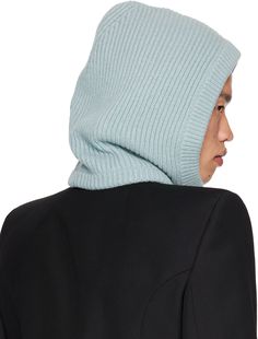 Rib knit boiled recycled cashmere- and wool-blend hood in blue. Supplier color: Pale blue Blue Winter Hoodie With Detachable Hood, Blue Balaclava For Winter Cold Weather, Blue Balaclava For Cold Weather And Winter, Recycled Cashmere, Rick Owens Drkshdw, Knitted Hood, Rick Owens, Pale Blue, Hats For Men