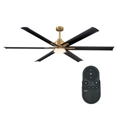 a ceiling fan and remote control on a white background with a gold plated light