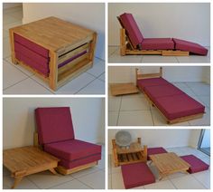 four different views of a futon bed made out of wooden pallets and red cushions