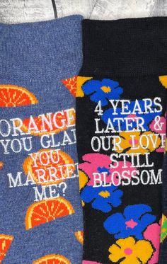 "Current Turn-Around time is 1 week or less. The last day for Christmas orders will be DECEMBER 12th.  Thank you so much! Welcome to SAY IT WITH SOCKS where we specialize in Personalized EMBROIDERED Socks for Special Soles! This listing is for 2 pair of socks to fulfill the 4th anniversary traditional gift of Fruit and Flowers The Orange socks will automatically come with the phrase \"Orange you glad you married me?\" And will be customized with your names and wedding date that you can leave in 4th Anniversary Gifts, Orange Socks, Embroidered Socks, Flower Socks, Fruit Gifts, Mens Dress Socks, Social Circle, 4th Anniversary, Orange You Glad