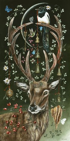 a painting of a deer with birds on it's antlers and bells hanging from its horns