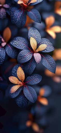 some blue flowers with yellow and red petals on it's leaves are floating in the air