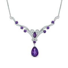 Amethyst and 1/10 CT. T.W. Diamond Chevron Vine Necklace in Sterling Silver | Zales White Sapphire Necklace, Vintage Inspired Earrings, Retro Jewelry, Classy Jewelry, Bright Purple, Sapphire Necklace, Diamond Pendant Necklace, Amethyst Stone, Gorgeous Necklaces