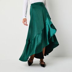 Amp up the glamor with this Ryegrass women's satin wrap skirt. Featuring a dramatic ruffled high low length and waist tie, you'll make a statement at the office or your next night out paired with a blouse or fitted top. Front Style: Flat FrontClosure Type: ButtonClosure Location: Right SideRise: High RiseApparel Length: 39 InchesFiber Content: 96% Polyester, 4% SpandexFabric Description: SatinLining: UnlinedSkirt Length: High Low LengthCare: Machine WashSkirt Type: Wrap SkirtsCountry of Origin:… Chic Satin Tiered Skirt, Summer Satin Tiered Skirt, Asymmetrical Hem Draped Ruffled Skirt For Party, Party Draped Skirt With Ruffled Asymmetrical Hem, Spring Satin Ruffled Skirt, Spring Party Wrap Skirt With Ruffles, Chic Ruffled Wrap Skirt For Party, Spring Satin Maxi Skirt For Party, Satin Ruffled Skirt For Party