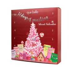 a calendar with a pink christmas tree on the front and red back, surrounded by gifts