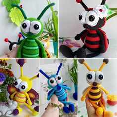 crocheted stuffed animals made to look like bugs and flowers are featured in this collage