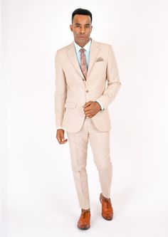 Jacket & pants included. Vest optional. Delivered in 2-3 weeks. Free shipping. Covered by our Free Remake Guarantee. Complete the look with Shirts, Ties & Squares. Beige Notch Lapel Blazer For Groom, Beige Blazer For Groom, Beige Single Button Business Casual Suit, Tailored Beige Double Breasted Suit For Formal Occasions, Cream Double Breasted Suit With Notch Lapel, Cream Double-breasted Business Suit With Notch Lapel, Beige Semi-formal Suit With Suit Collar, Beige Single-breasted Suit For Formal Occasions, Beige Semi-formal Suit