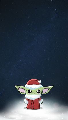 a baby yoda wearing a santa hat and standing in the snow with stars behind it