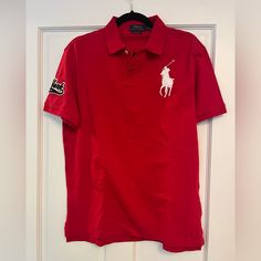 Size L Red Polo Shirt With Patch Detail New With Tags Red Fitted Short Sleeve Polo Shirt, Red Fitted Polo Collar T-shirt, Red Casual Polo Shirt, Casual Red Polo Shirt, Casual Red Collared Polo Shirt, Classic Fitted Red T-shirt, Red Casual Short Sleeve Polo Shirt, Casual Red Short Sleeve Polo Shirt, Polo Shirt Design