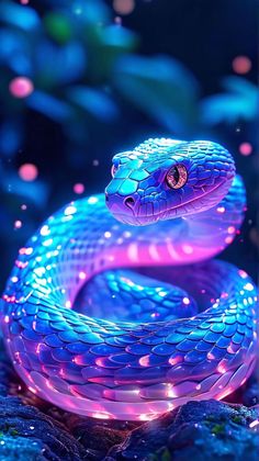 a blue and purple snake with lights on its head, in front of some leaves