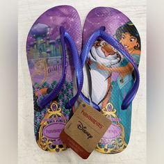 New With Tags Never Been Worn Size 3/4 Youth Disney Princess Jasmine, Girls Disney, Havaianas Flip Flops, Princess Jasmine, Sandals Flip Flops, Disney Girls, Flip Flop Sandals, Color Purple, Kids Shoes