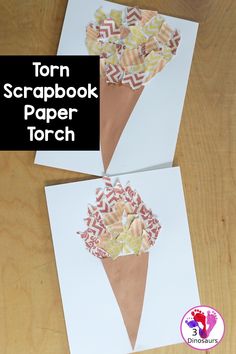 two paper cones with the words torn scrapbook paper torch on them