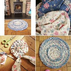 four different pictures of various items on the floor and in front of a fire place