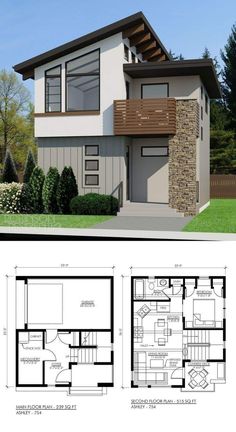 two story house plan with floor plans and measurements