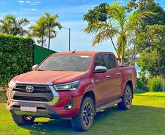 a red truck parked on top of a lush green field next to a palm tree