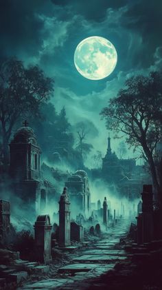 a cemetery at night with the moon in the sky